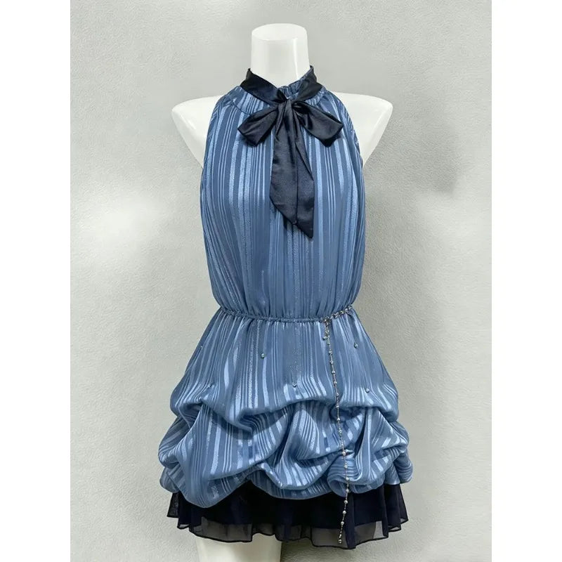 AIERTU  -  New Dark Blue Vintage Vintage Wearing A Bow and A Thin Dress Aiertu
