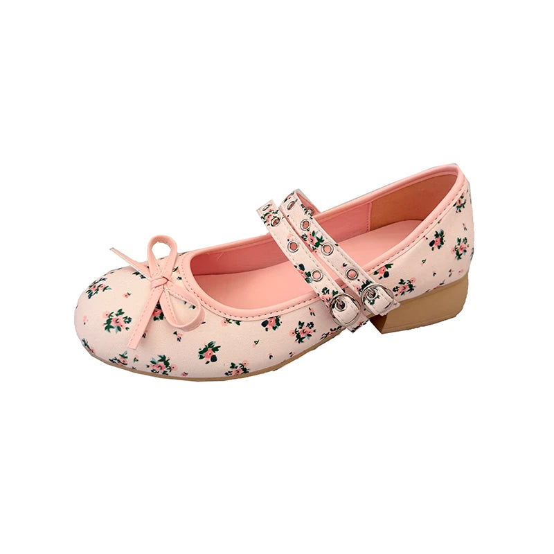 AIERTU  -  Pink Floral Pattern Low Heel Mary Jane Shoes Women Summer Comfort Silver Bowknot Ballet Flats Woman's Lolita Shoes Aiertu