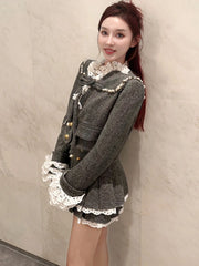 Aiertu Small Fragrant Autumn Sweet Single Breasted Lace Ruffles Jacket + High Waist Pleated Skirt Two Peice Set for Women Matching Sets Aiertu