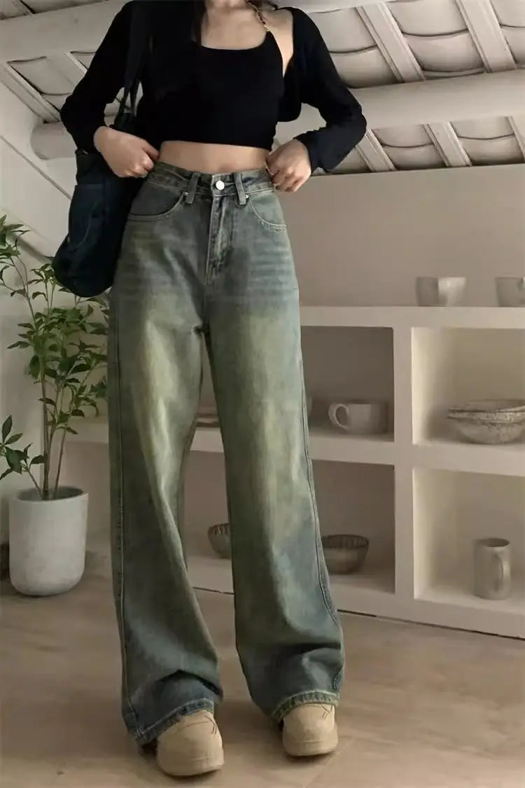 Aiertu  Vintage Washing Y2k Baggy Denim Pants Women  2024 Spring Fashion High Waist Wide Leg Jeans Trouser Casual Streetwear Aiertu