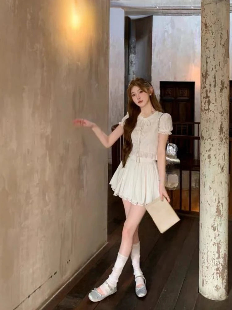 Aiertu 2024 Summer Slim Sweet Elegant 2 Piece Set Women Evening Party Y2k Crop Top + Office Lady Causal Mini Skirt Korean Fashion Aiertu