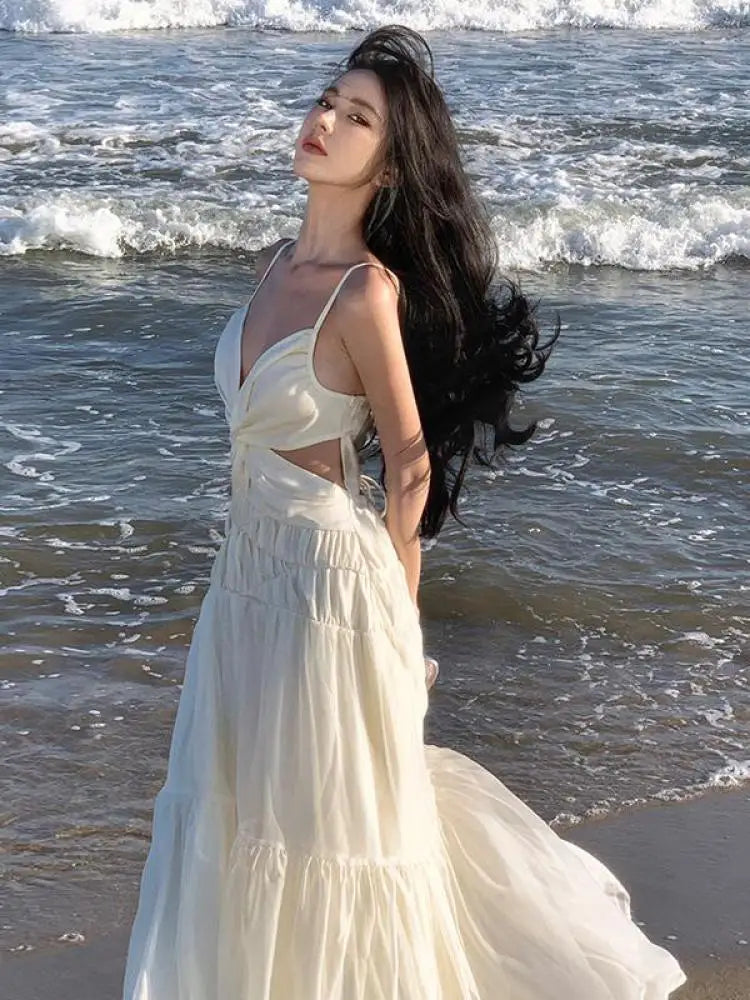 Aiertu Summer Beige Sexy Club Backless Women Elegant Pleated Slip Dress V-neck Slim Lace Up Sleeveless Evening Party Fairy Long Dresses Aiertu