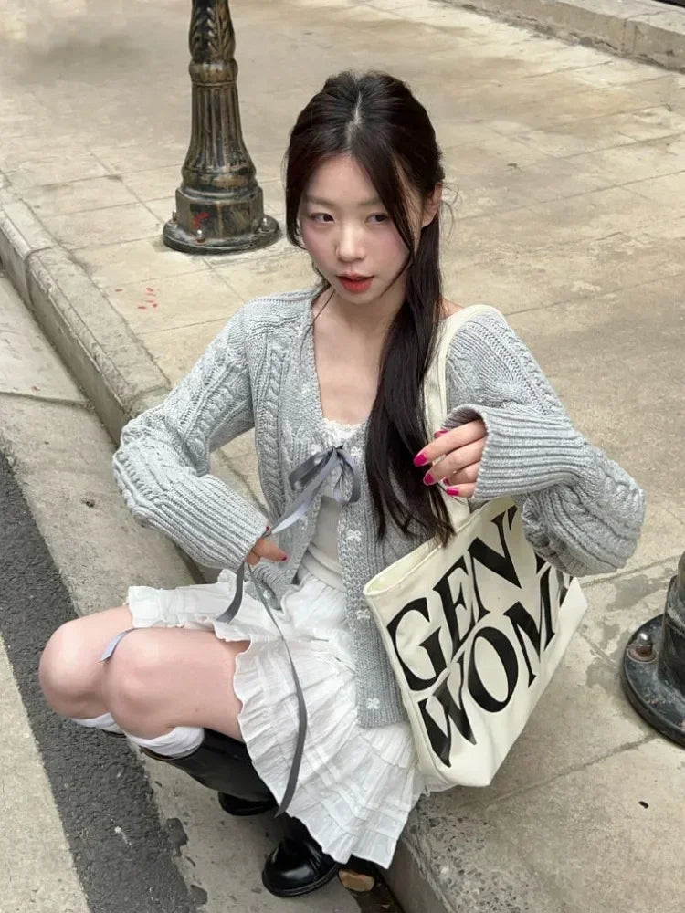 Aiertu Korean Fashion Grey Cardigans Women Sweet Gil Bow Bandage Coquette Knitted Sweater Mujer Casual Long Sleeve Tops Autumn aiertu