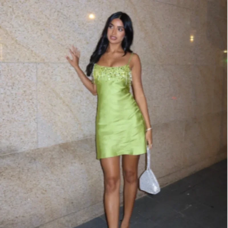 AIERTU  -  Sequin Tassel Green Mini Dress Women Satin Spaghetti Straps Square Neck Party Clubs Short Skirt NEW Summer Vacation Dresses Aiertu