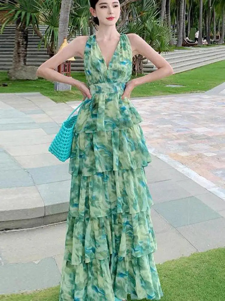 Aiertu Summer Green Tie Dye Sleeveless Halter Bandage Holiday Dress Women Temperament Slim Fashion Sweet Cake Long Dress 2023 Bohemian Aiertu