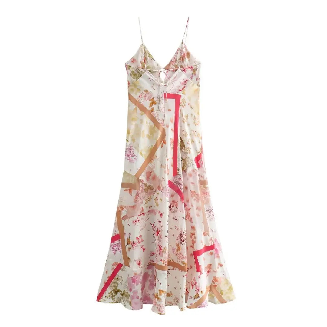 Aiertu Women's new summer vacation style silk satin texture patchwork printed sleeveless suspender dress Aiertu