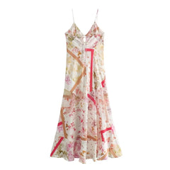 Aiertu Women's new summer vacation style silk satin texture patchwork printed sleeveless suspender dress Aiertu