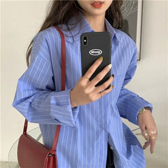Aiertu Shirts Women Blue Striped Loose Harajuku Long Sleeve Casual Spring Tops Students All-match Fashion Simple Korean Ulzzang Chic BF aiertu
