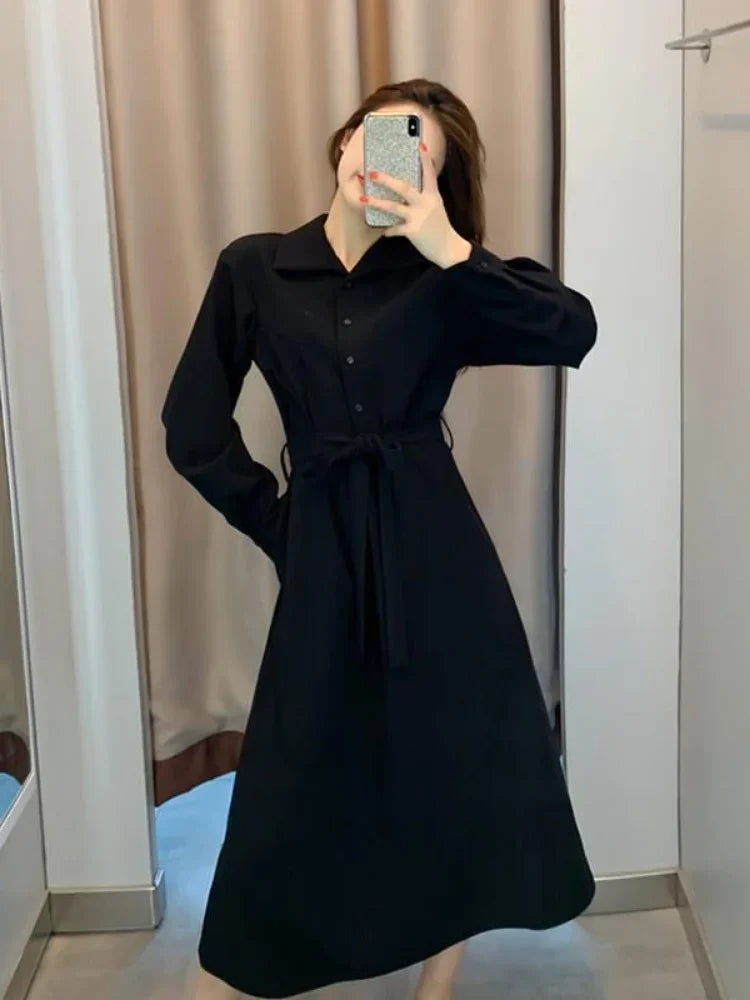 Aiertu Polo Black Shirt Dress Women Vintage Casual Long Sleeve Party Dresses Elegant Kpop Fashion Harajuku Robe Female Aiertu