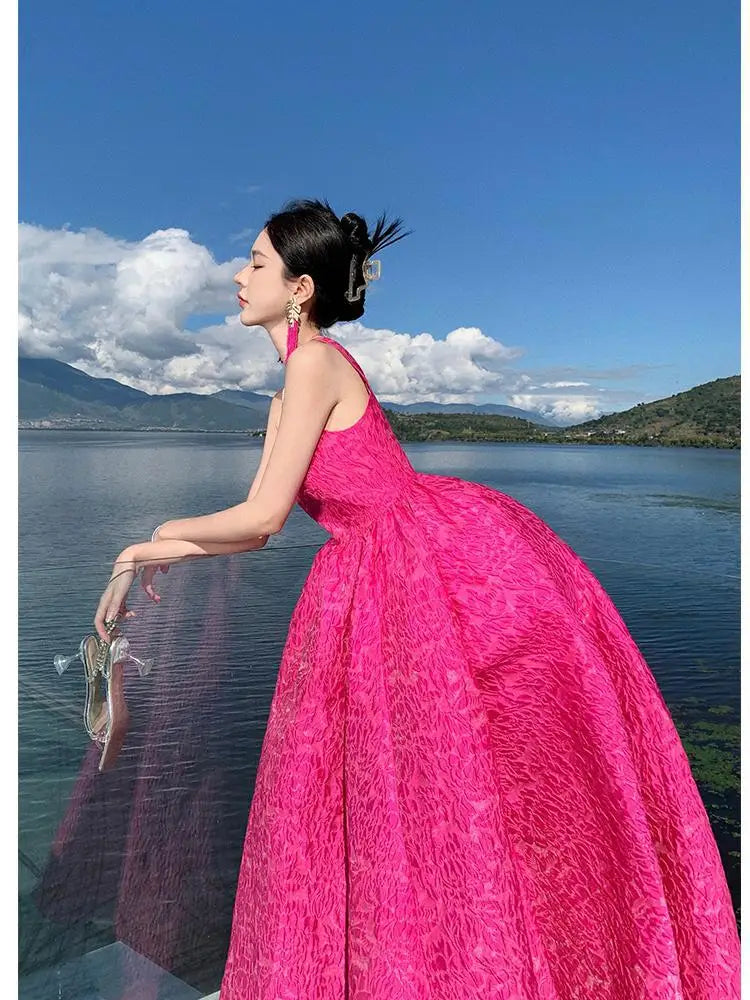 Aiertu Summer New Women French Rose Red Elegant Jacquard Evening Party Dresses Square Neck Backless Princess Birthday Long Dress Simple Aiertu