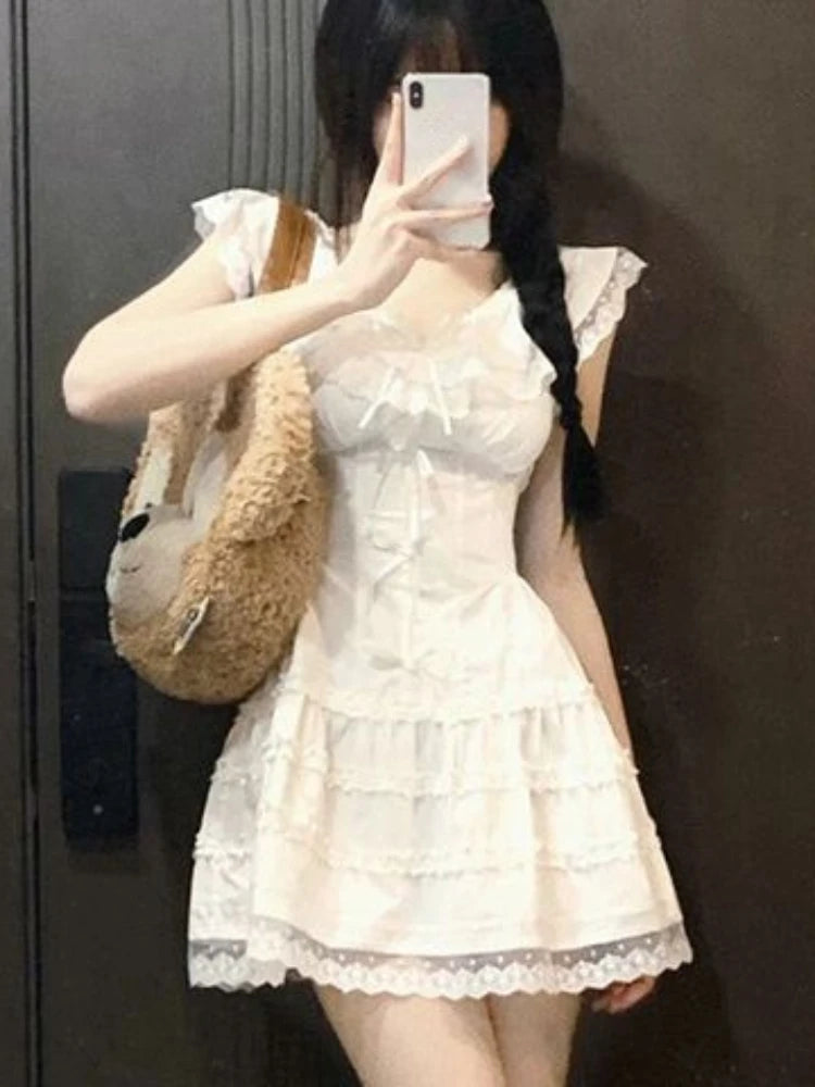 Aiertu Y2k Coquette White Lolita Sweet White Kwaii Cute Mini Dress Women Lace Bow Princess Slip Lace Short Dresses 2024 Fashion Aiertu