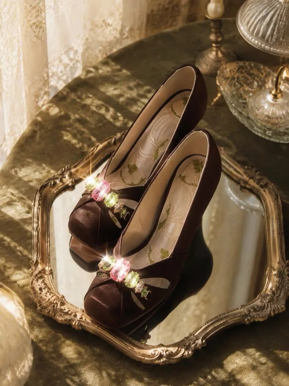 AIERTU  -  Women Pink Satin High Heel Pumps Elegant Square Toe Sparkling Rhinestone Gem Decor Cutout Design Stiletto Heels Footwear Aiertu