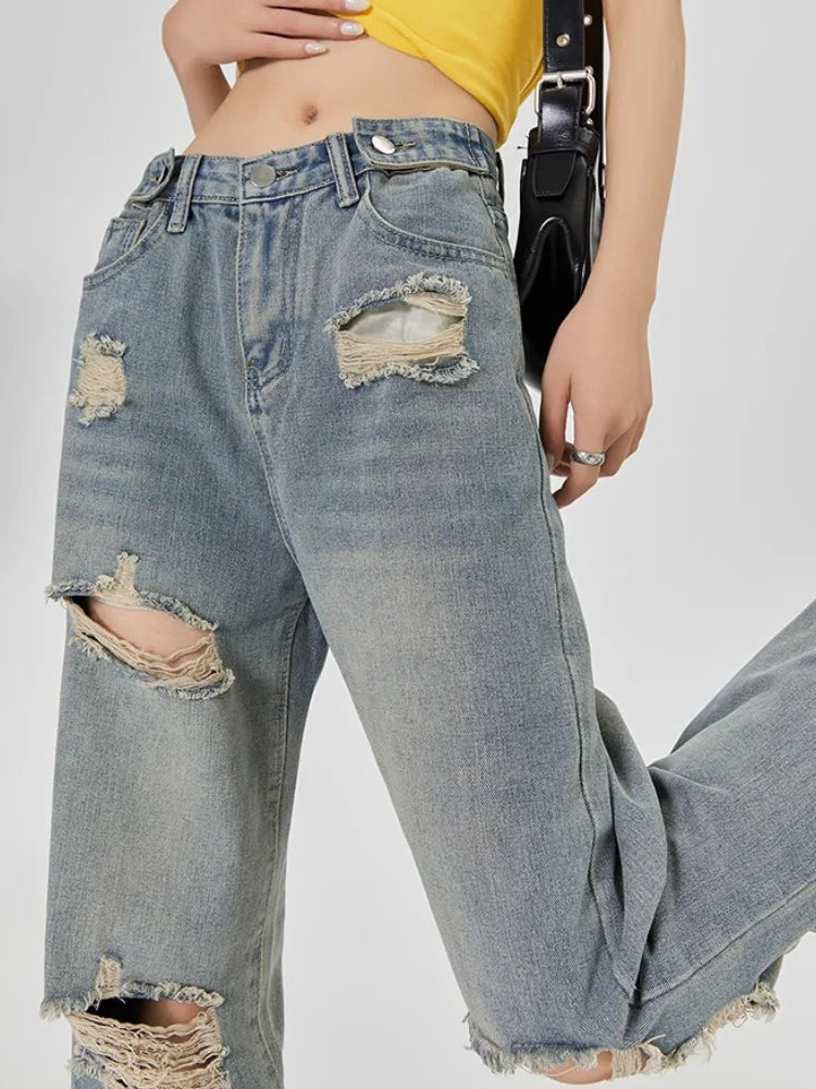 Aiertu Vintage Y2K Ripped Jeans Women Blue High Waist Straight Loose Denim Trousers Wide Leg Pants Streetwear Oversize Aiertu