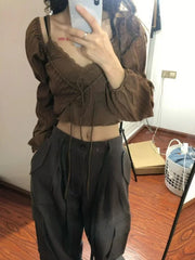 Aiertu Y2k Aesthetic Fashion Two Piece Set Preppy Style Bandage Shirt + Streetwear Lace Patchwork Crop Top Vest 2  Suits Summer Aiertu