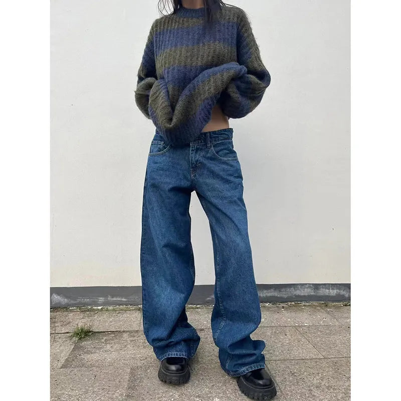 Aiertu Blue Women Jeans High Waist Fashion American Vintage Streetwear Y2K Ripped Wide Leg Jean Female Denim Trouser Baggy Denim Pants Aiertu