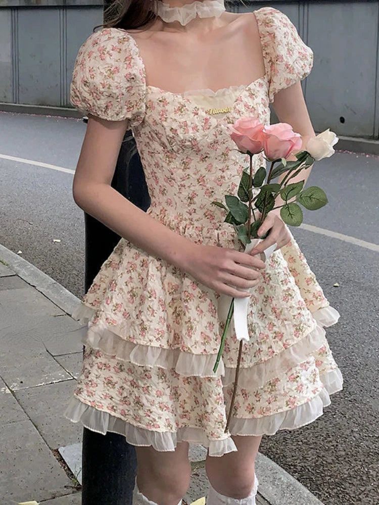 Aiertu Flower Print Kawaii Sweet Dress Women Hollow Out French Vintage Mini Dress Female Butterfly-knot Korean Designer Dress New Aiertu