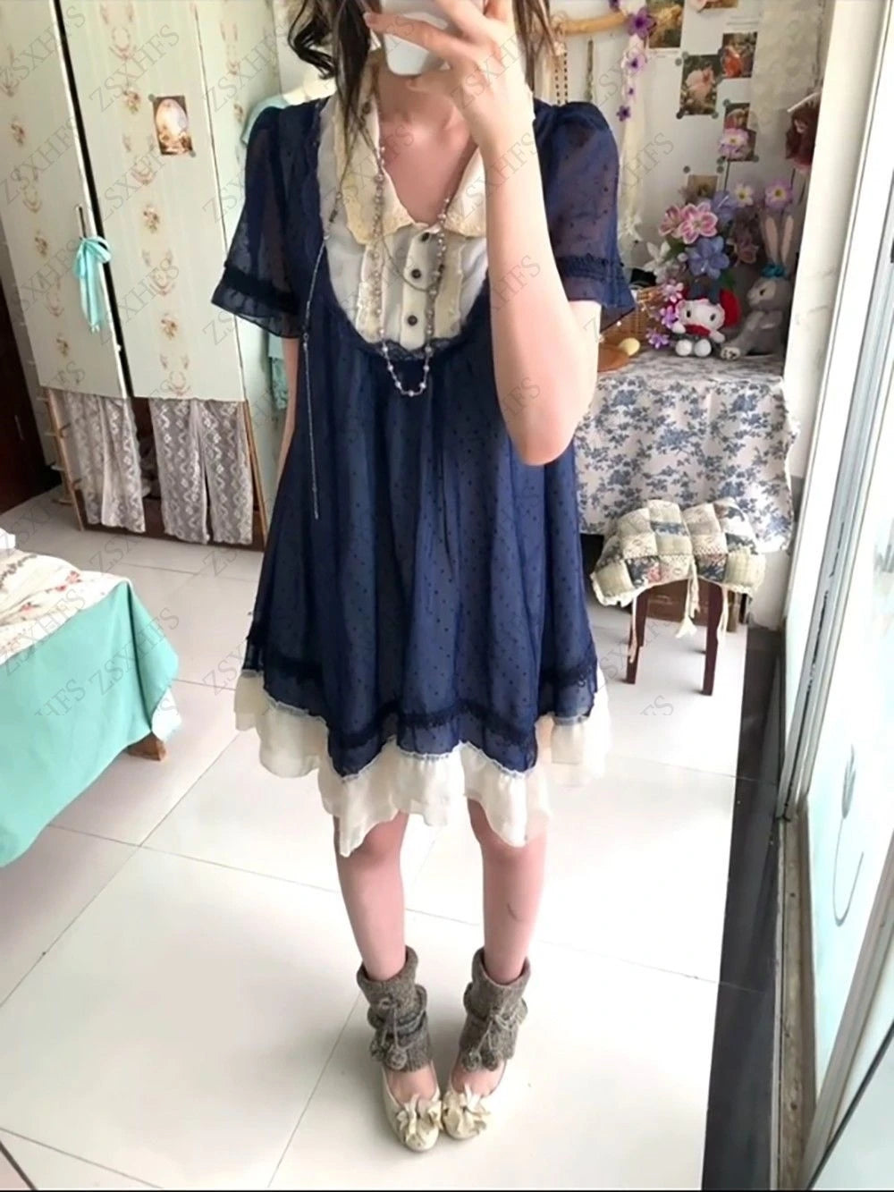 AIERTU  -  Vintage Dress Women Clothes 2000s Japanese Elegant Lace Chiffon Short Sleeves Dress Harajuku Sexy Girl Flowy Design Mini Dresses Aiertu