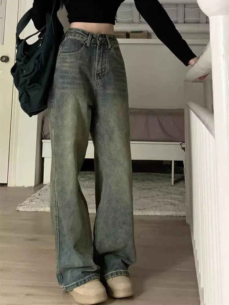 Aiertu  Vintage Washing Y2k Baggy Denim Pants Women  2024 Spring Fashion High Waist Wide Leg Jeans Trouser Casual Streetwear Aiertu