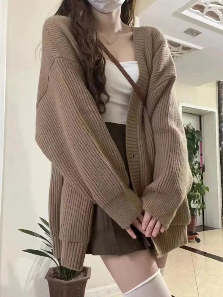 AIERTU  -  Japanese Sweet Knitted Cardigan Women Fall Winter Lazy Wind Loose Casual Sweaters V Neck Solid Student Fashion Elegant New Coats Aiertu