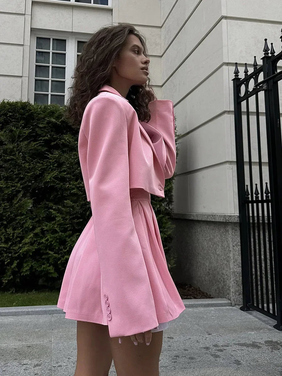 Aiertu Women Stylish Short Blazer Sets Crop Blazer Jackets & Pleated Mini Skirt 2 Pieces Sets Two Piece Sets Women Outifits Aiertu