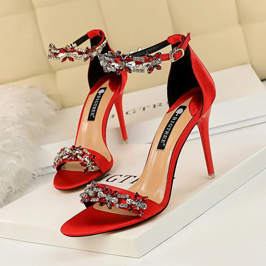Aiertu Women Fetish 9cm High Heels Crystal Designer Sandals Lady Silk Wedding Bridal Heels Glitter Rhinestone Flower Satin Strap Shoes Aiertu