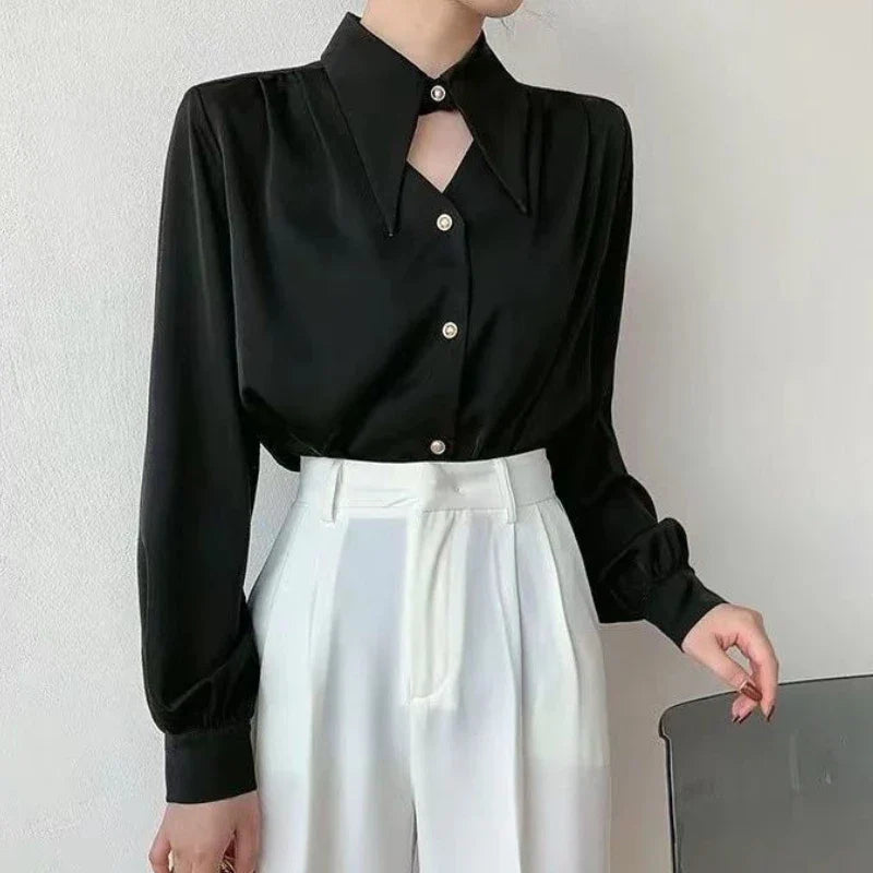 Aiertu Casual Shirts Women Fashion Romantic Solid Soft V-Neck Streetwear Spring All-match Hollow Out Retro European Style Simple Design aiertu