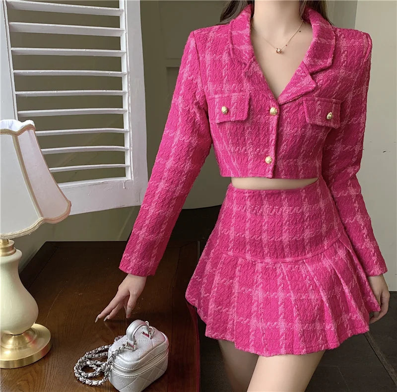 Aiertu Fall Small Fragrance Vintage Tweed Two Piece Set Women Crop Top Woolen Short Jacket Coat + Mini Skirts Sets Sweet 2 Piece Suits Aiertu