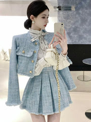 Aiertu High Quality Fashion Tassel Design Small Fragrance 2 Piece Sets Women Outfit Long Sleeve Short Jacket Coat + Pleated Skirt Suits Aiertu