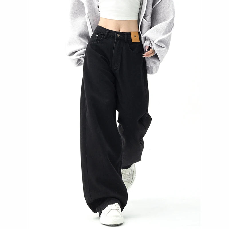 Aiertu Black Baggy Straight Jeans Women Korean Fashion Streetwear High Waist Wide Leg Denim Pants Female Loose Mopping Jean Trouser Y2K Aiertu