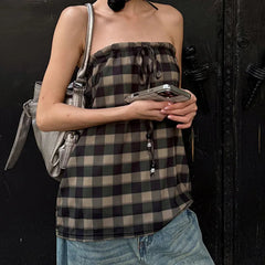 AIERTU  -  Checkered Lace Up Strapless Vest Backless Pure Cotton Drawstring Top Women Retro Sexy Loose And Personality Fashionable Casual Aiertu