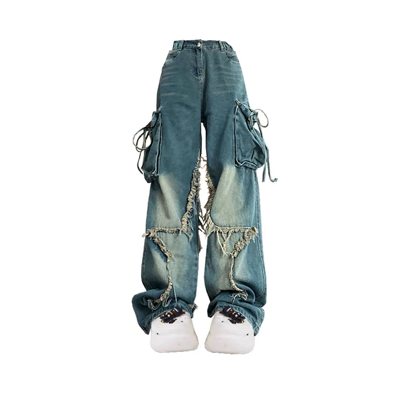 Aiertu Women Blue Cargo Jeans Baggy Vintage 90s Aesthetic High Waist Cowboy Pants Harajuku Denim Trousers Y2k Trashy 2000s Clothes 2024 Aiertu