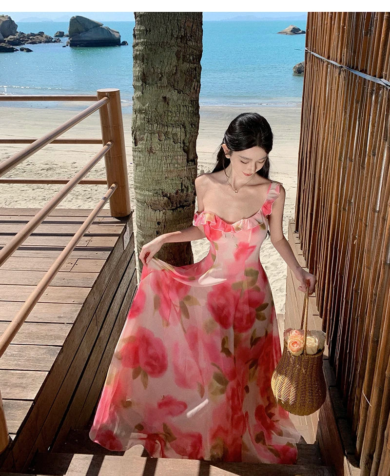 Aiertu Women Pink Floral Ruffles Slip Dress Summer Printed Festival Long Dresses Backless Slim Elegant Evening Party Sundress Boho Aiertu
