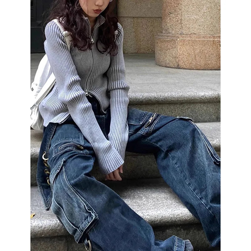 Aiertu Women's Casual Baggy Y2K Pants Wide Leg Grunge High Street Pockets Denim Trouser American Vintage High Waist Straight Jeans Aiertu