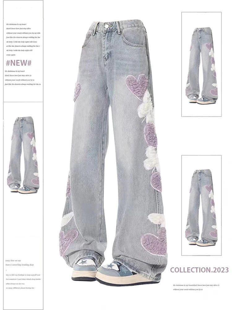 Aiertu Women Jeans with Heart Vintage Y2k 90s Aesthetic Baggy Denim Trouser 2000s Harajuku Kawaii Wide Cowboy Pants Trashy Clothes Aiertu