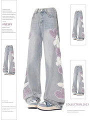 Aiertu Women Jeans with Heart Vintage Y2k 90s Aesthetic Baggy Denim Trouser 2000s Harajuku Kawaii Wide Cowboy Pants Trashy Clothes Aiertu