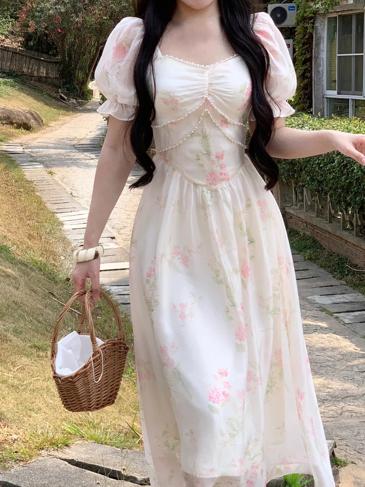Aiertu Summer French Design Elegant Sundress Women Short Sleeves Floral Midi Dress Beach Style Casual Fashion Party Dress Korean Aiertu
