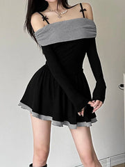 Aiertu Elegant Fashion Contrast Color Patchwork A-Line Dress Slim Slash Neck Long Sleeve Mini Dresses For Women Autumn Aiertu