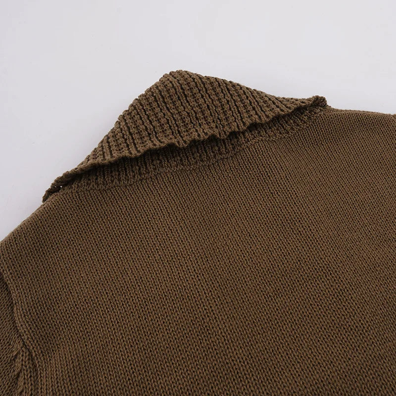 AIERTU  -  Brown Chunky Knit Shawl Collar Cardigan Long Sleeve Cropped Open Front Belted Daily Casual Streetwear Chunky Rib Cardigan Aiertu