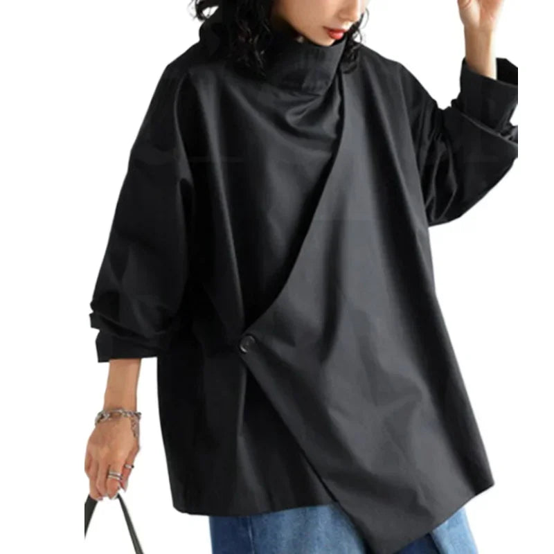 Aiertu 2024 New Black Long Sleeves Loose High Neck T-Shirts Tops Womens Spring Buttoned Casual Simpie Top Aiertu
