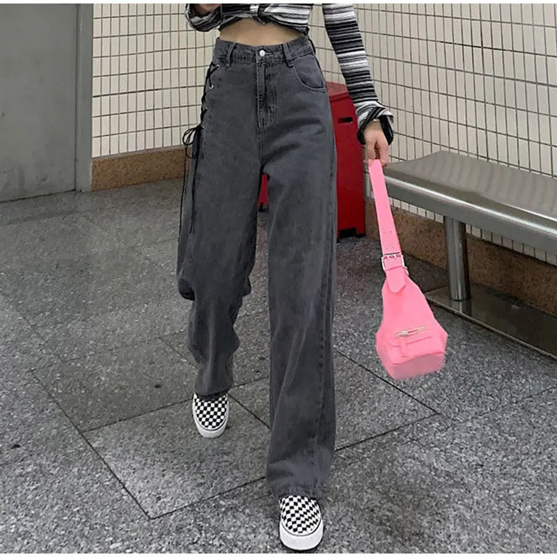 Aiertu High Waist Side Tie Long Jeans Pants Aiertu