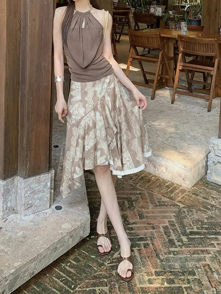 AIERTU  -  New Irregular Lace Splicing Hip Skirt Retro Versatile High Waist Hip Cover Mid-length Skirt Aiertu