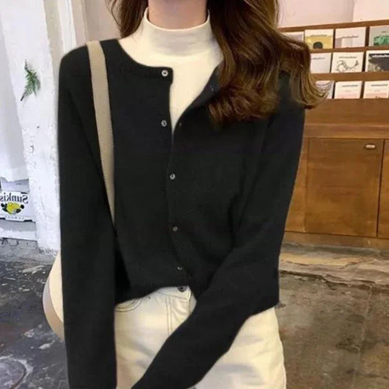 Aiertu Cold Weather Outfits Fall Solid Color Knitted Cardigan Women Korean Single Breasted Long Sleeve Jumper Woman Round Neck All Match Sweater Outwear Top Aiertu