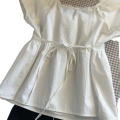 AIERTU  -  Summer New Style Lace Design Shirt White Short Sleeve Bubble Collar Slimming Doll Top Polyester Fabric 3D Effect Pure Color Aiertu