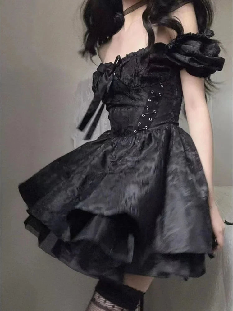 Aiertu Gothic Goth Harajuku Bandage Dress Sexy Off Shoulder Lace Mesh Mini Short Dresses Party Elegant  Summer Outfits Aiertu