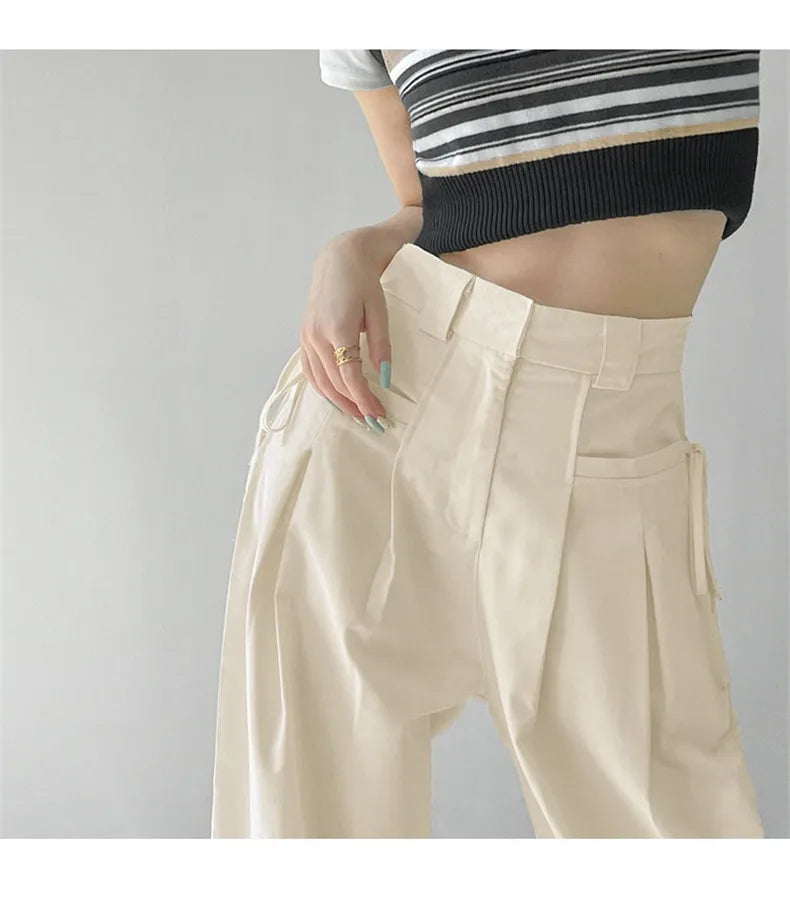 Aiertu Summer Japan Casual Style Solid Color High Waist Wide Leg Suit Pants Women's Fashion Loose Lace-up Full Length Trousers Aiertu