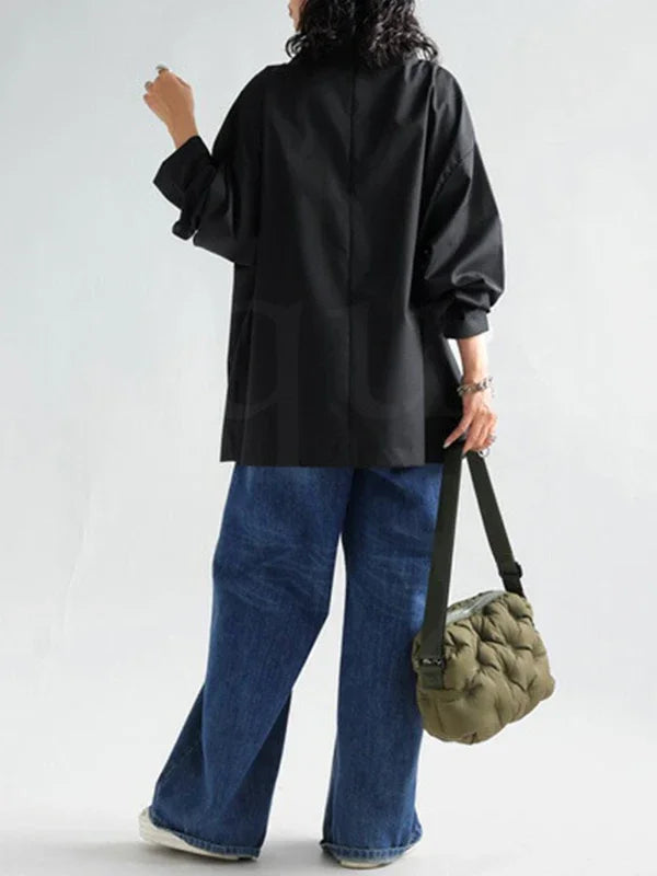 Aiertu 2024 New Black Long Sleeves Loose High Neck T-Shirts Tops Womens Spring Buttoned Casual Simpie Top Aiertu