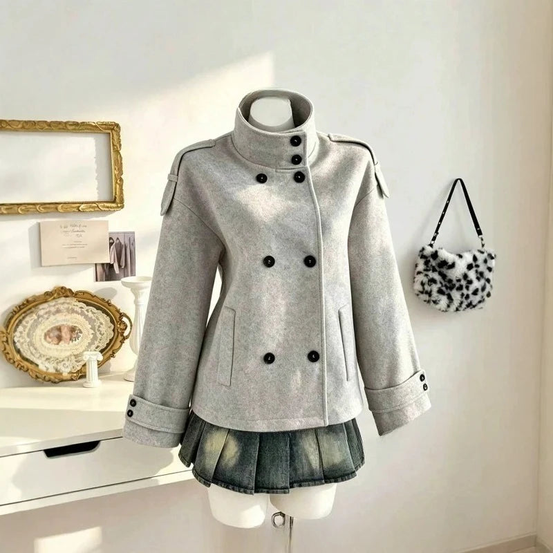 AIERTU  -  Women Double Breasted Jackets Solid Thick Stand Collar Outerwear Cropped Korean Style Retro Loose Fit Fall Winter Short Coats Aiertu