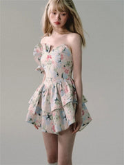 Aiertu French Design Floral Strapless Dress Women Summer New Holiday Casual Y2k Dress Female Fashion Slimming Irregular Mini Dress 2024 Aiertu
