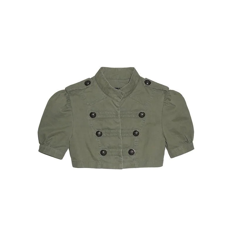 AIERTU  -  Summer Casual Wind Army Green Double-breasted Coat Women's Heavy Industry Retro Bubble Sleeve Short Jacket Top Aiertu