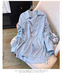 Aiertu Korean Style Striped Folds Long Sleeve Single Breasted Shirt 2024 Spring Summer Women's Casual Turn-Down Collar Baggy Blouse Top Aiertu